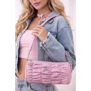 Juicy Couture Pink Ruched Rhinestone Shoulder Bag Y2K Silver Logo Barrel Handbag